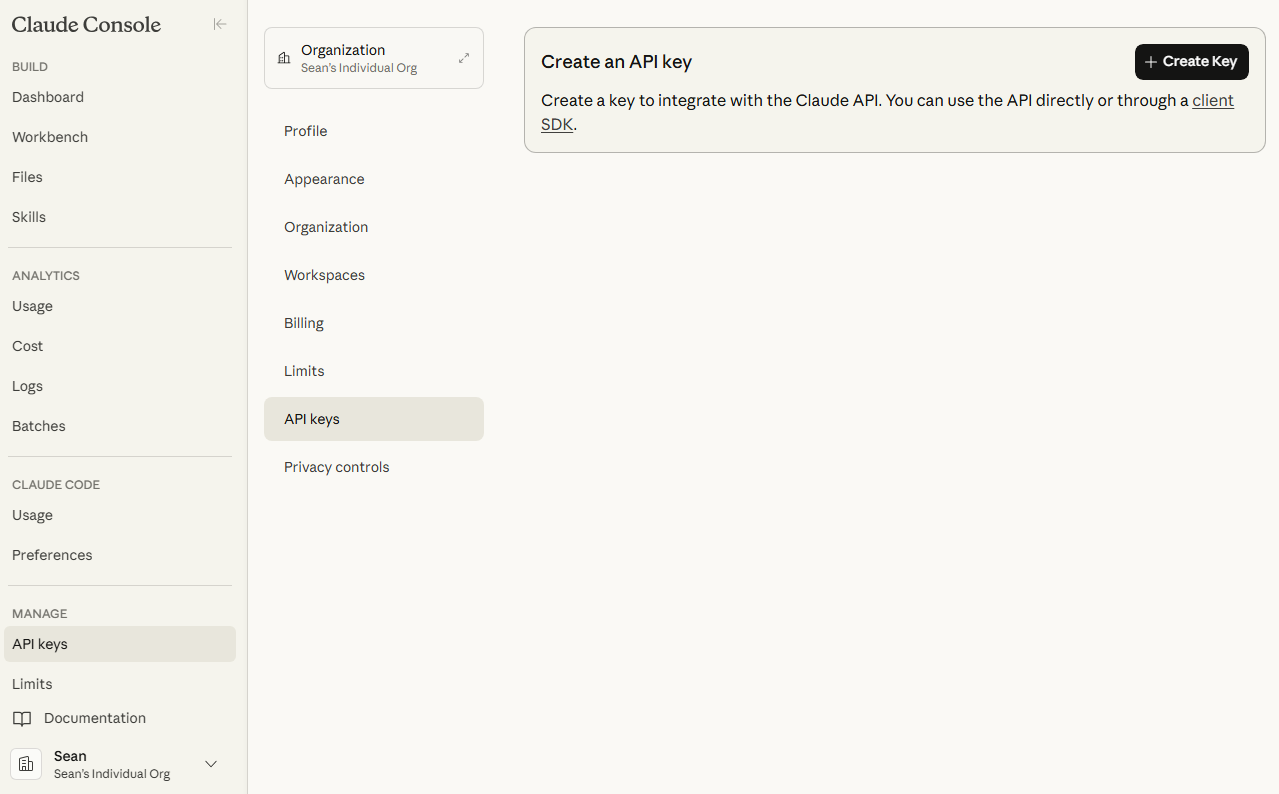 Claude Console API Keys page The API Keys page with the Create Key button