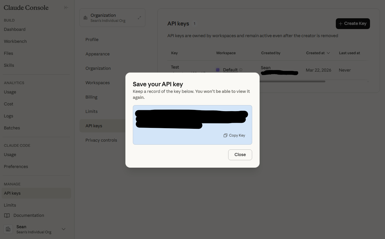 Claude Console - Save your API key Save your API key dialog - copy it now, you won't see it again