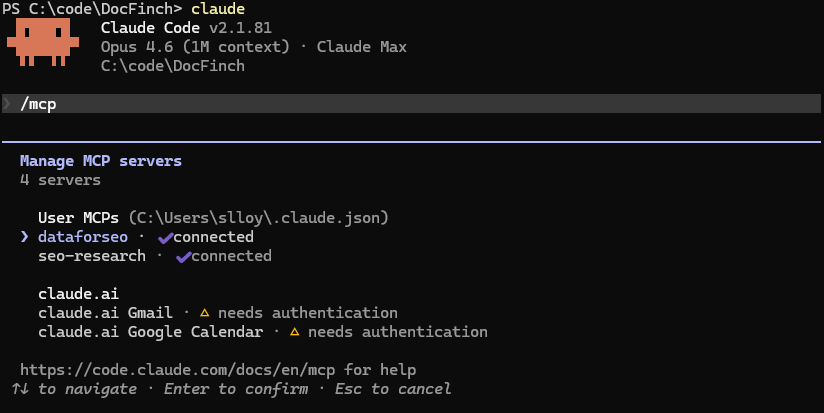 Claude Code /mcp command showing DataForSEO and seo-research MCP servers connected