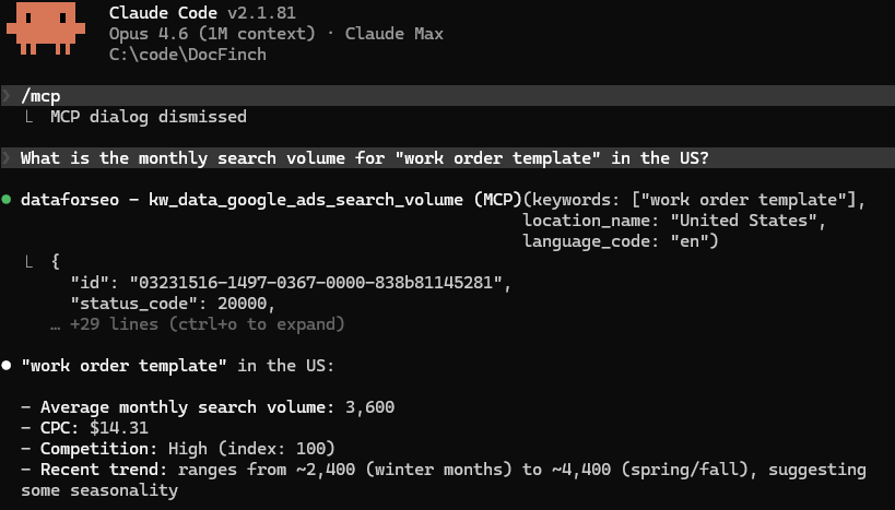 Claude Code returning search volume data for "work order template" via the DataForSEO MCP server
